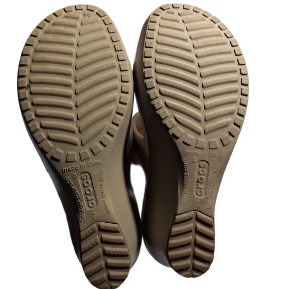 Crocs Shima Pink White Double Strap Taupe Wedge Heel Comfort Slide Sandals Sz 7 - Picture 4 of 5